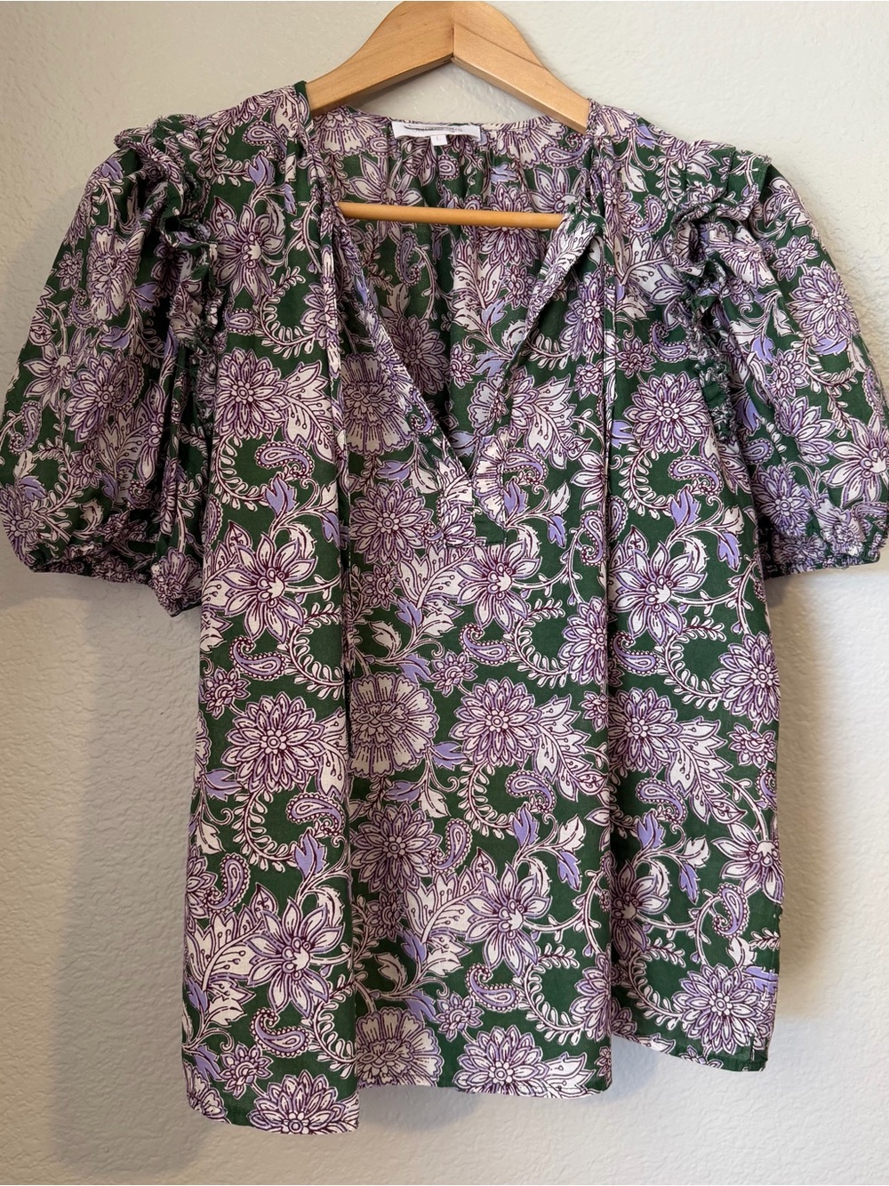 Olivaceous Pamela Floral Puff Sleeve Top Green Purple Boho Large Ruffle Feminine